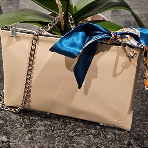 YSL Yves Saint Laurent faux Leather Clutch w/ Crossbody chain &Twilly added NWOT